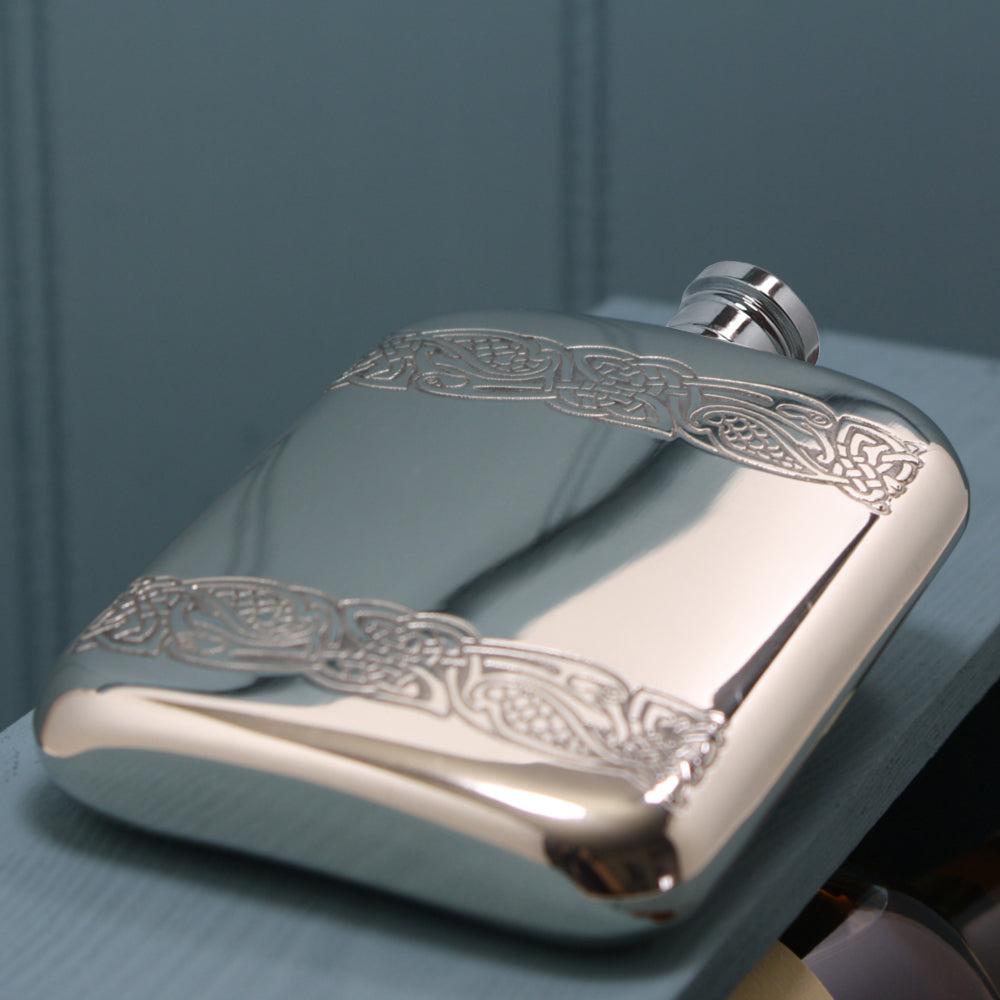 English Factory 6oz Pewter Hip Flask With Celtic Knot Bands