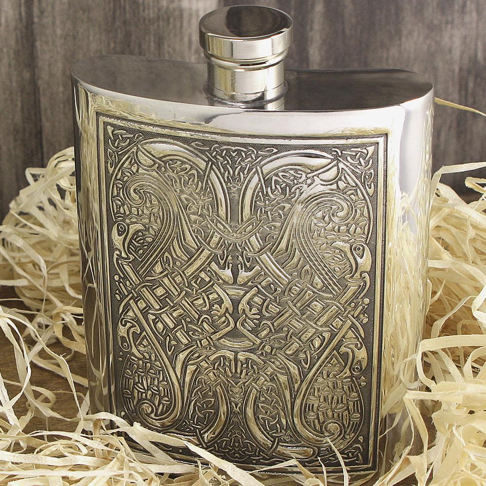 English Factory 6oz Pewter Hip Flask With Celtic Knot Design