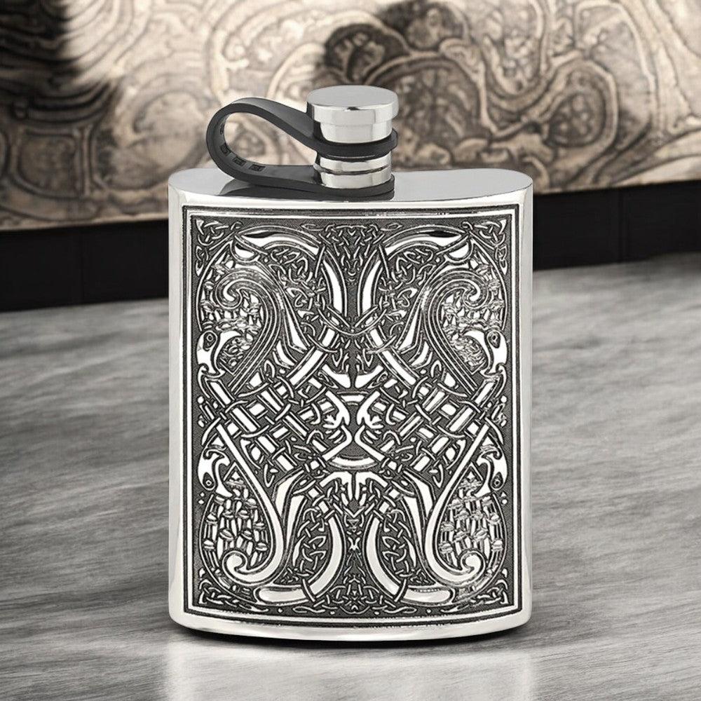 English Factory 6oz Pewter Hip Flask With Celtic Knot Design And Flexi Cap