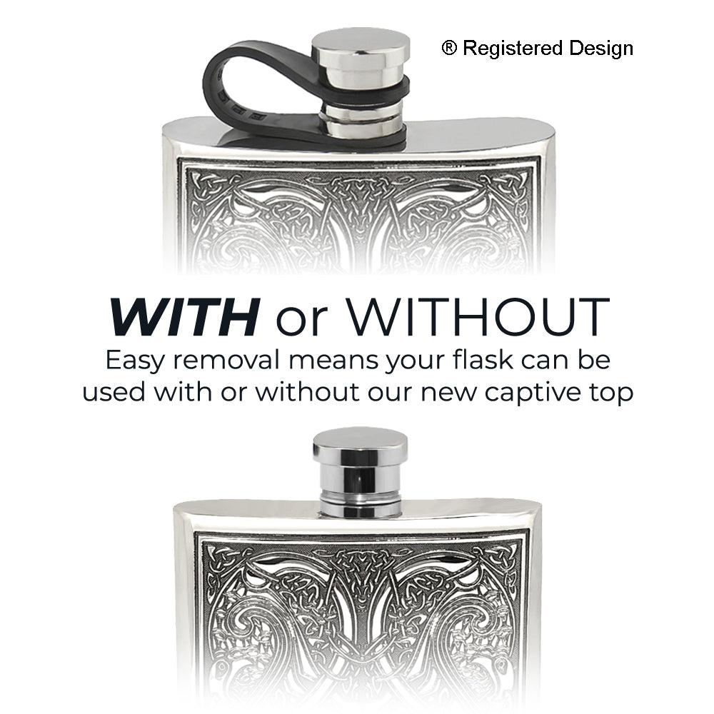 English Factory 6oz Pewter Hip Flask With Celtic Knot Design And Flexi Cap
