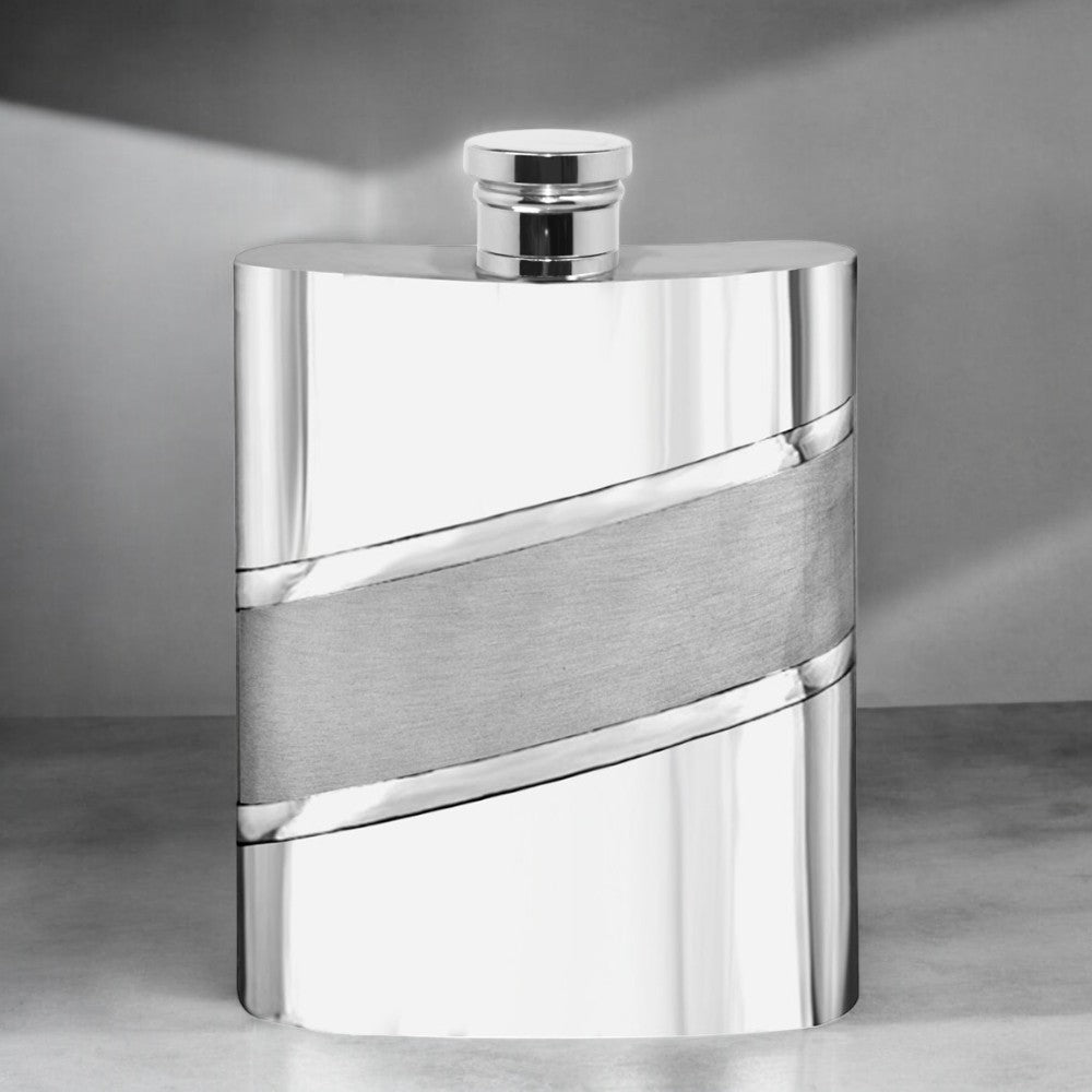 English Factory 6oz Pewter Hip Flask With Diagonal Satin Band