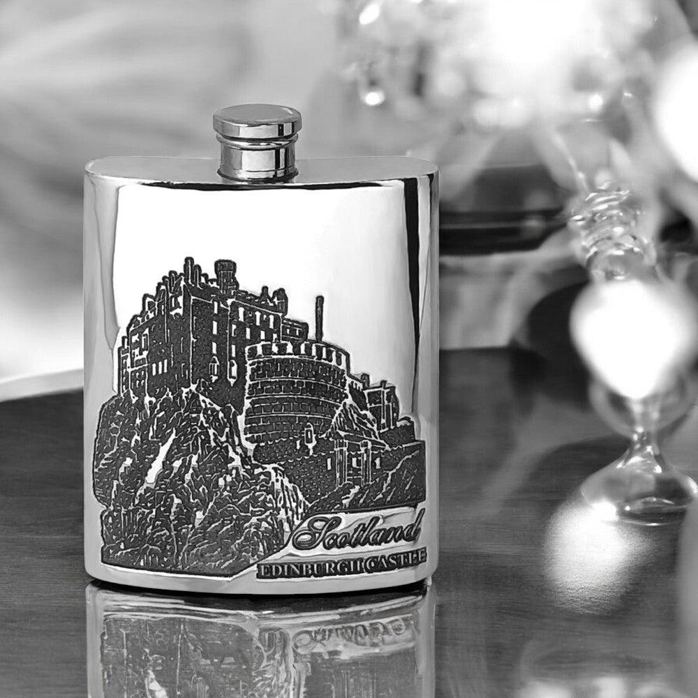 English Factory 6oz Pewter Hip Flask With Edinburgh Castle Scotland Design