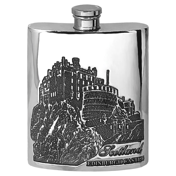 english factory 6oz Pewter Hip Flask with Edinburgh Castle Scotland Design