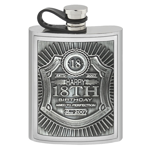 english factory 6oz Pewter Hip Flask with Embossed 18th Birthday Badge & Flexi Cap