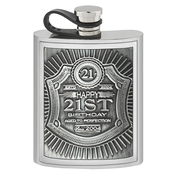 english factory 6oz Pewter Hip Flask with Embossed 21st Birthday Badge & Flexi Cap