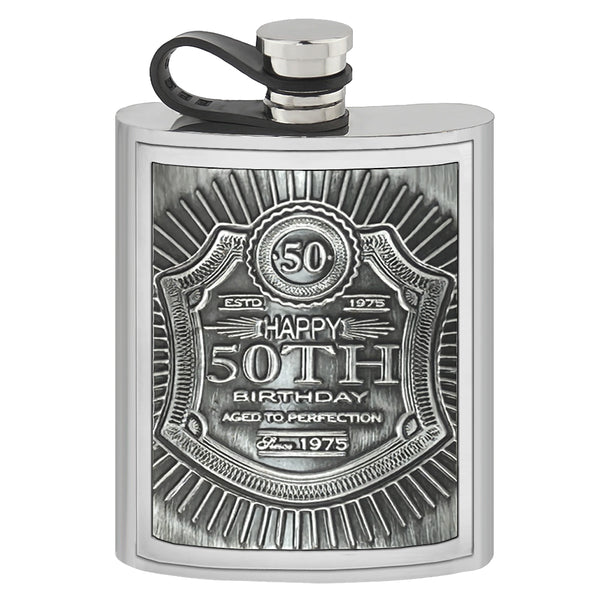english factory 6oz Pewter Hip Flask with Embossed 50th Birthday Design and Flexi Cap