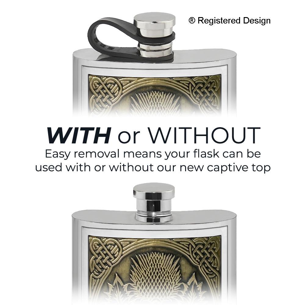 English Factory 6oz Pewter Hip Flask With Embossed Brass Thistle Badge & Flexi Cap