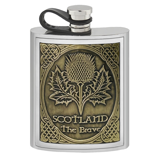 english factory 6oz Pewter Hip Flask with Embossed Brass Thistle Badge & Flexi Cap