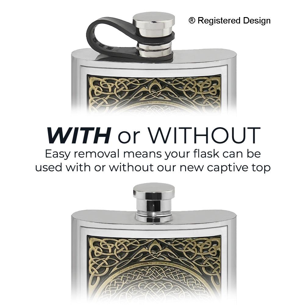 English Factory 6oz Pewter Hip Flask With Embossed Brass Tree Of Life Design And Flexi Cap