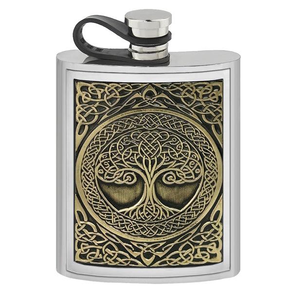 english factory 6oz Pewter Hip Flask with Embossed Brass Tree of Life design and Flexi Cap