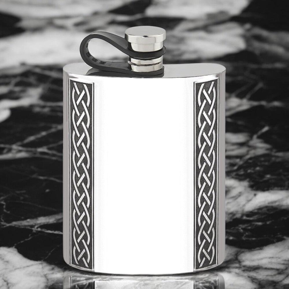 English Factory 6oz Pewter Hip Flask With Embossed Celtic Design And Flexi Cap