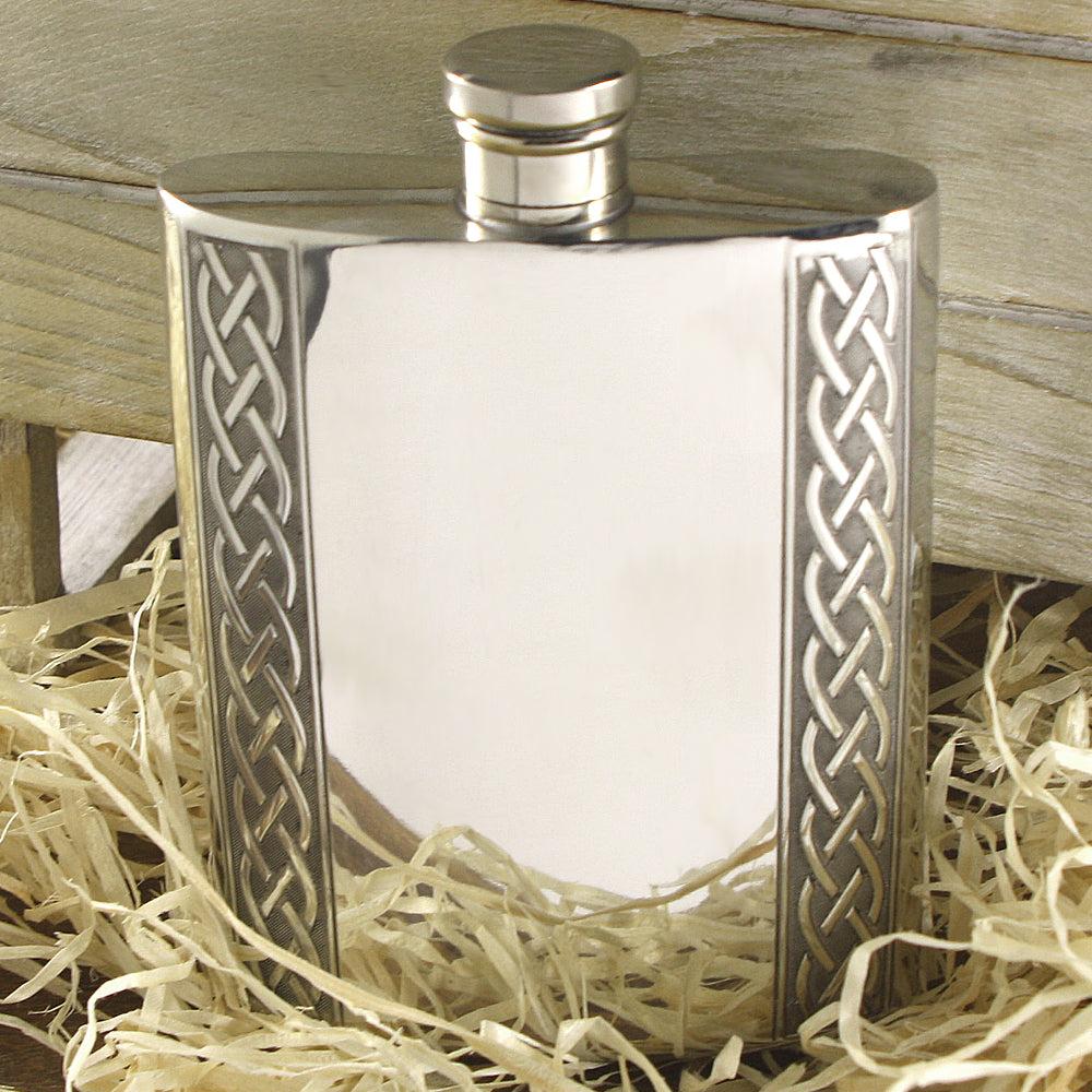 English Factory 6oz Pewter Hip Flask With Embossed Celtic Design
