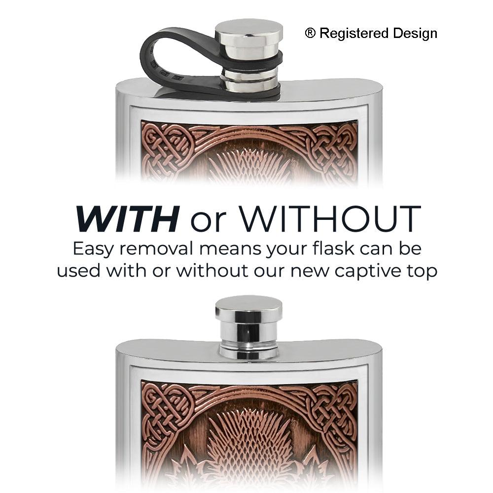 English Factory 6oz Pewter Hip Flask With Embossed Copper Thistle Badge & Flexi Cap