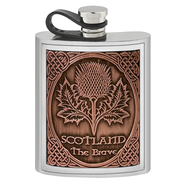 english factory 6oz Pewter Hip Flask with Embossed Copper Thistle Badge & Flexi Cap