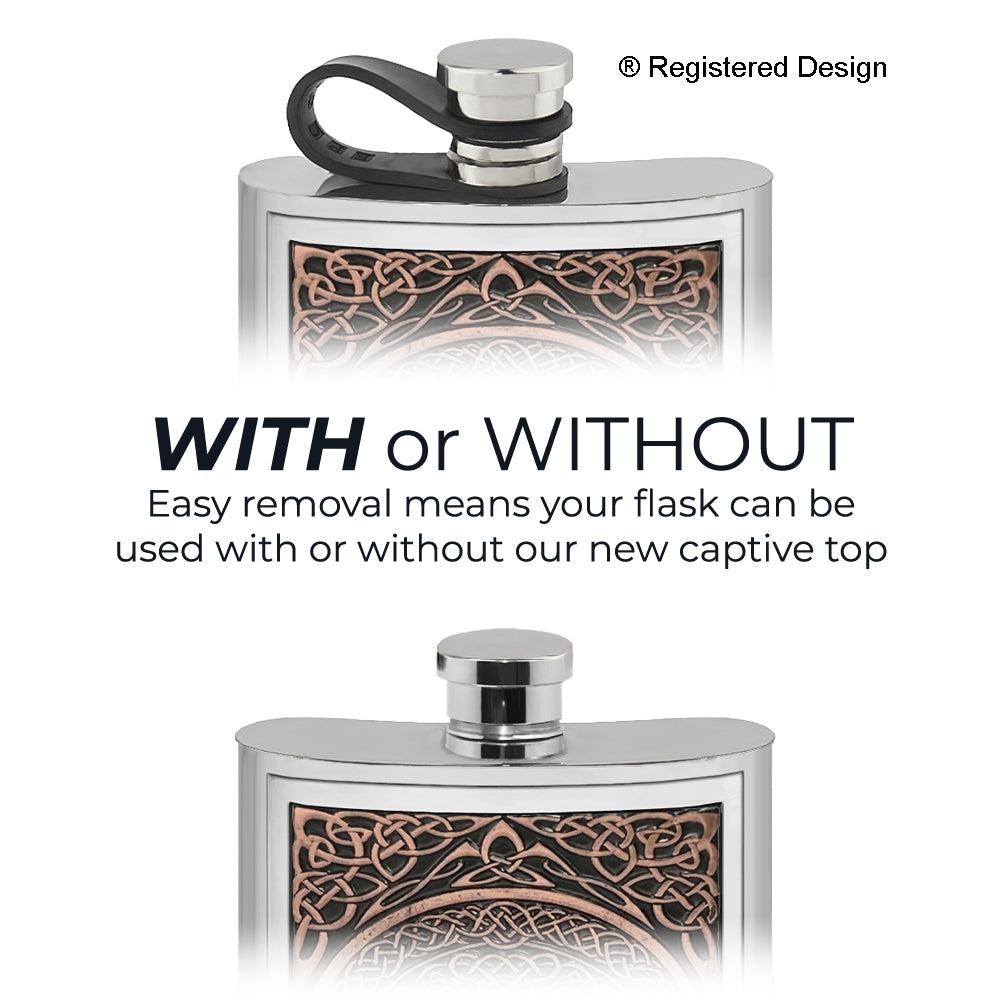 English Factory 6oz Pewter Hip Flask With Embossed Copper Tree Of Life And Flexi Cap