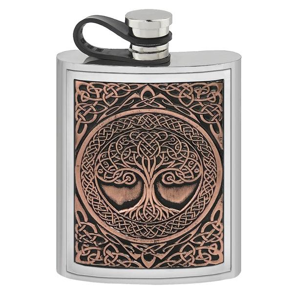 english factory 6oz Pewter Hip Flask with Embossed Copper Tree of Life and Flexi Cap