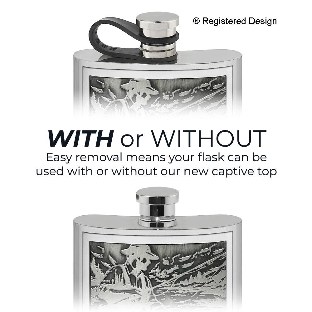 English Factory 6oz Pewter Hip Flask With Embossed Fishing Badge & Flexi Cap