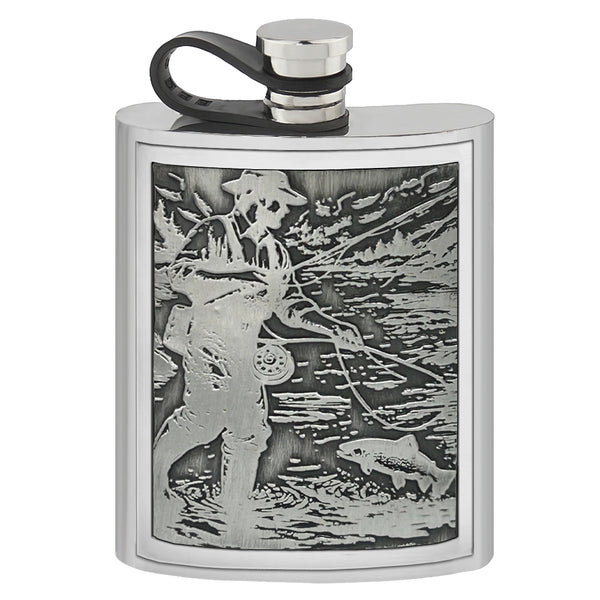 english factory 6oz Pewter Hip Flask with Embossed Fishing Badge & Flexi Cap
