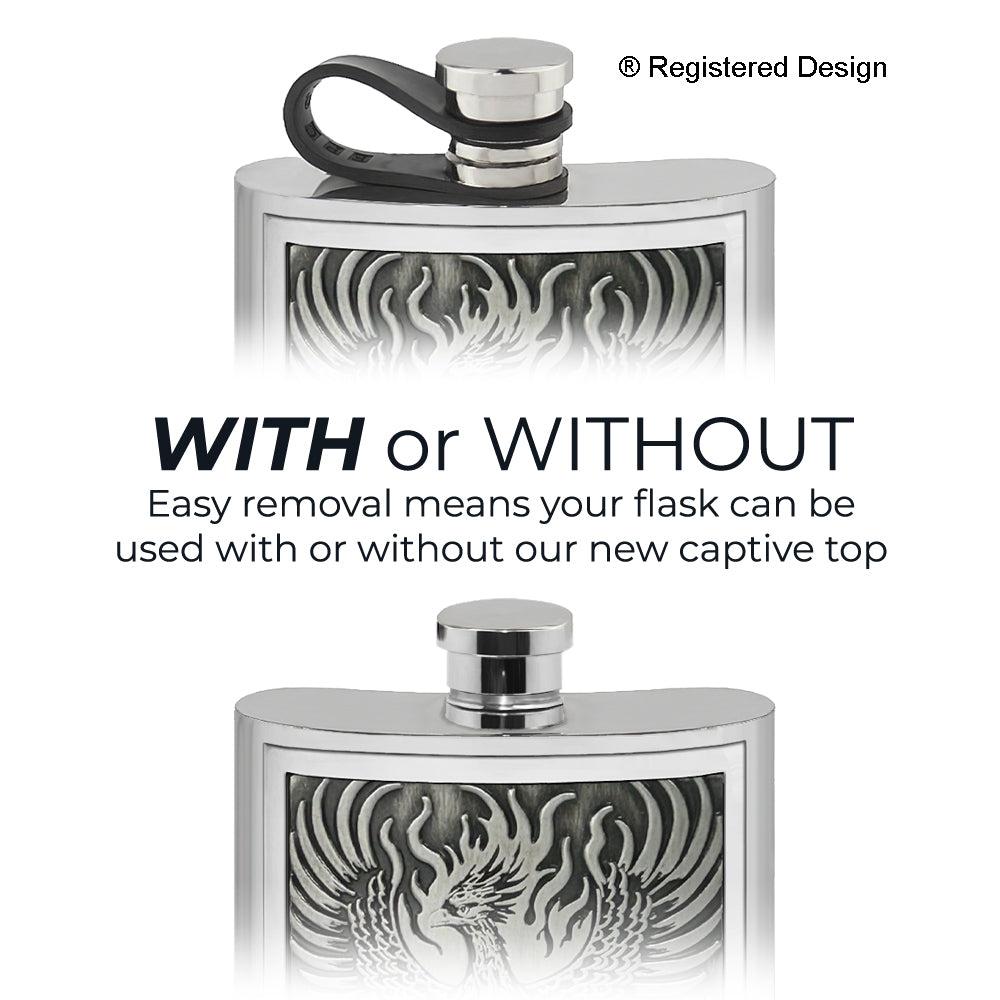 English Factory 6oz Pewter Hip Flask With Embossed "ILLEGITIMI NON CARBORUNDUM" Badge & Flexi Cap