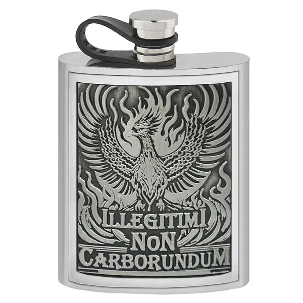 english factory 6oz Pewter Hip Flask with Embossed "ILLEGITIMI NON CARBORUNDUM" badge & Flexi Cap