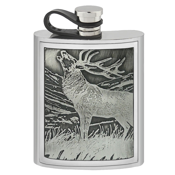English Factory 6oz Pewter Hip Flask With Embossed Stag Badge & Flexi Cap