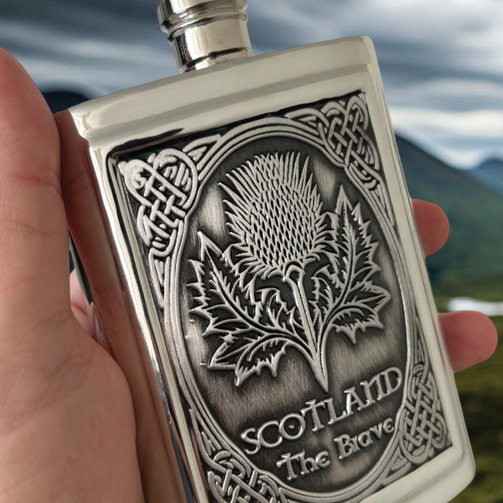 English Factory 6oz Pewter Hip Flask With Embossed Thistle Badge & Flexi Cap
