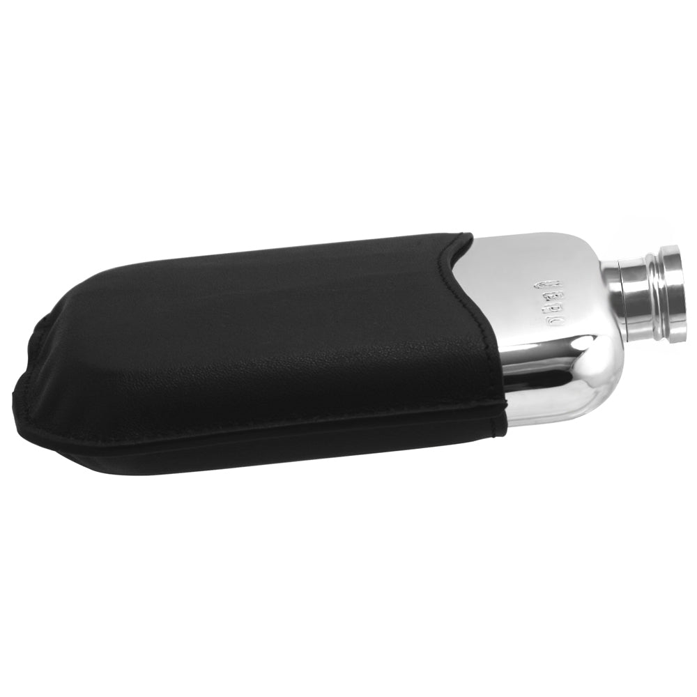 English Factory 6oz Pewter Hip Flask With Genuine Black Leather Pouch