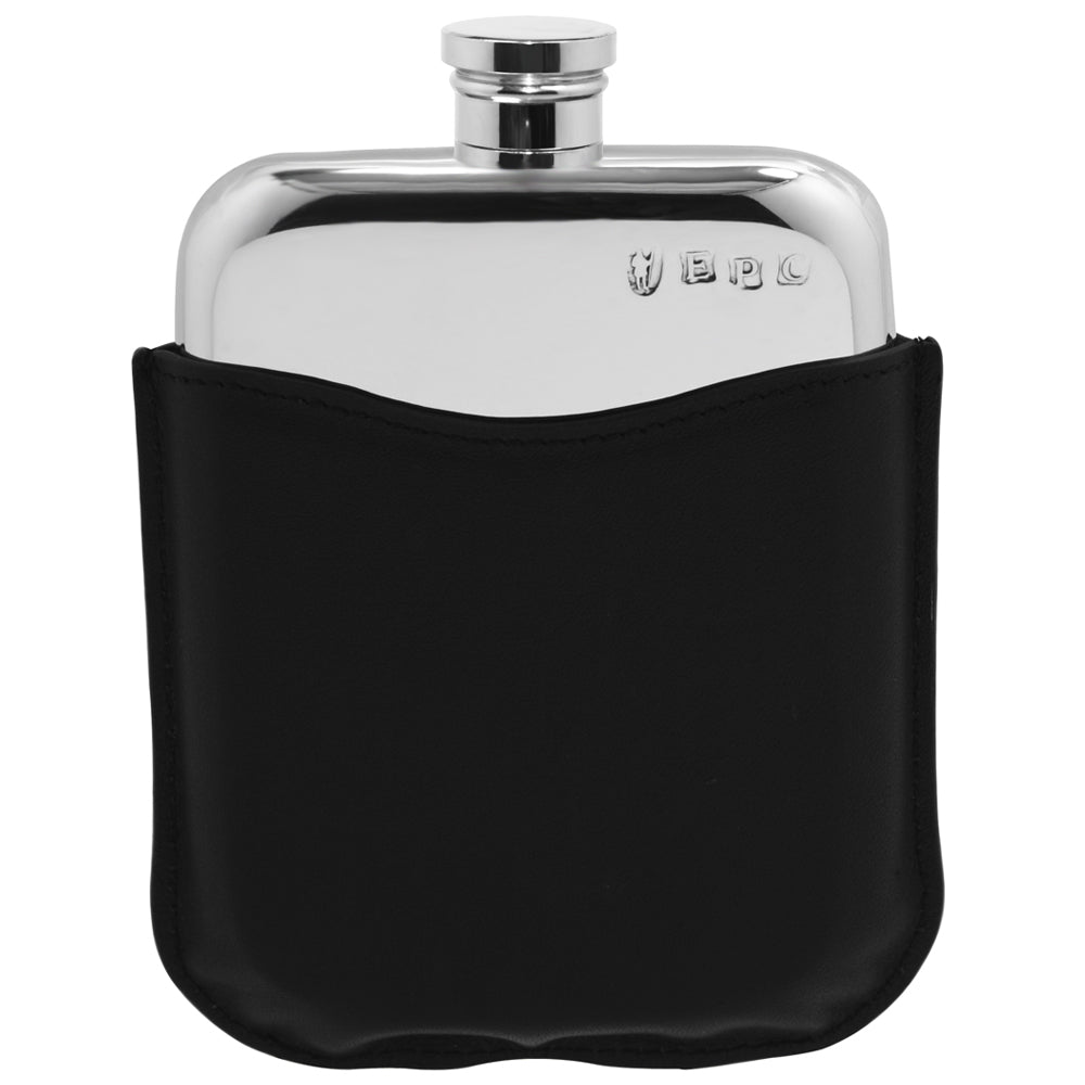 English Factory 6oz Pewter Hip Flask With Genuine Black Leather Pouch