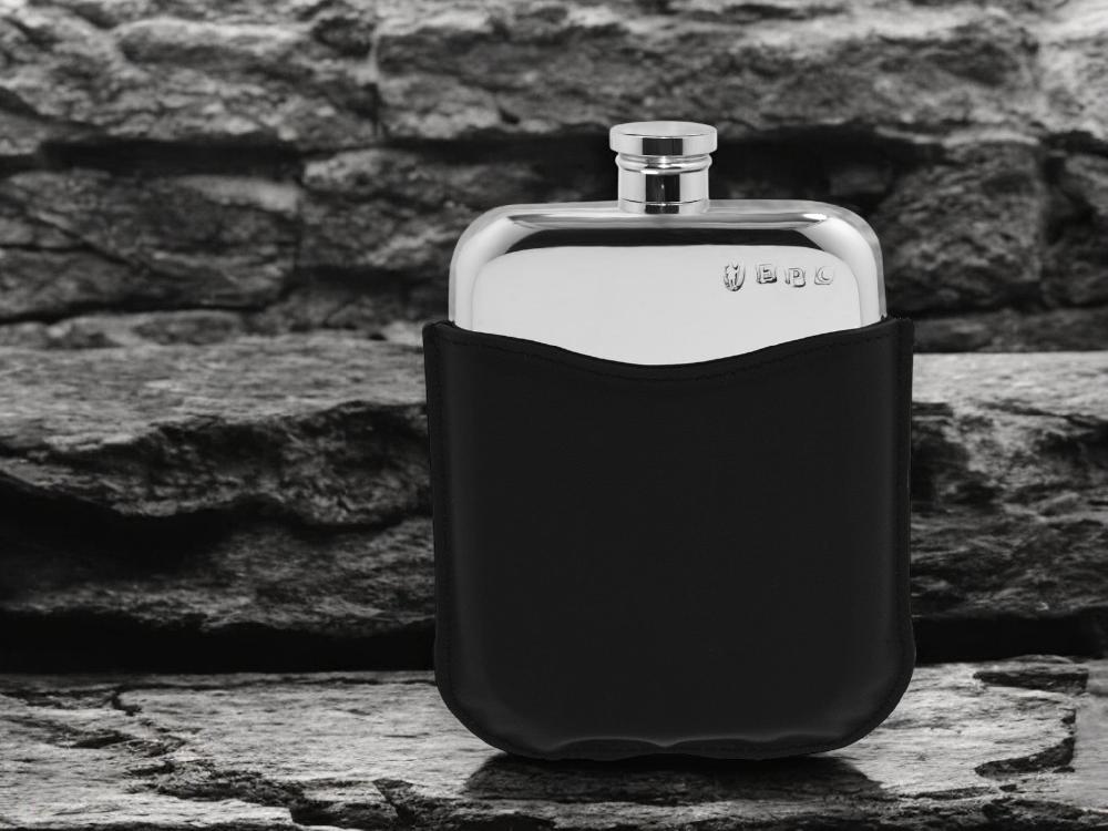 English Factory 6oz Pewter Hip Flask With Genuine Black Leather Pouch