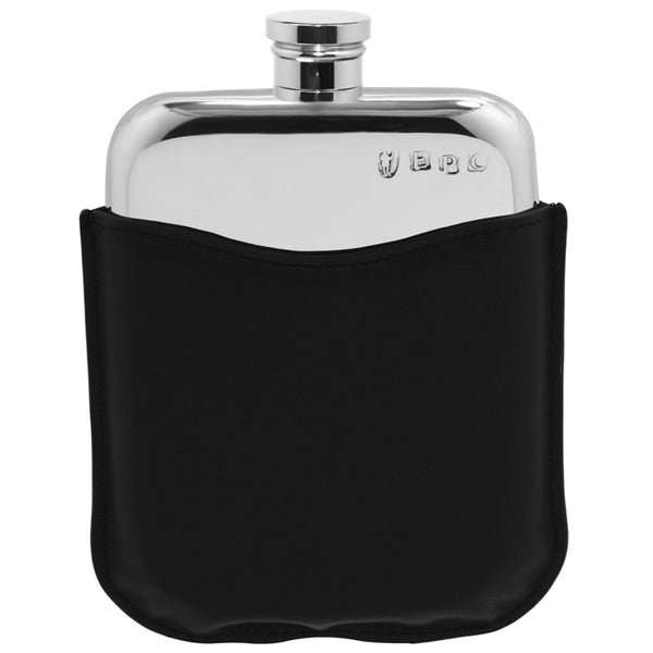 english factory 6oz Pewter Hip Flask with Genuine Black Leather Pouch