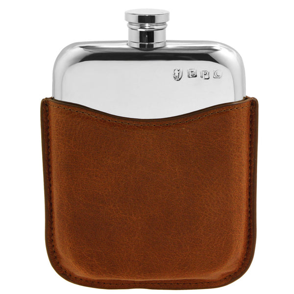 english factory 6oz Pewter Hip Flask with Genuine Tan Leather Pouch