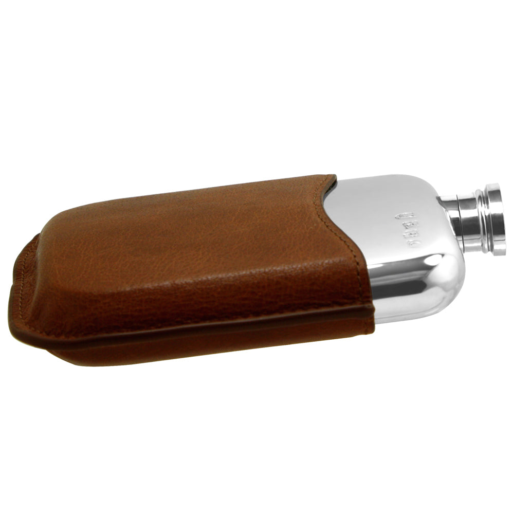 English Factory 6oz Pewter Hip Flask With Genuine Tan Leather Pouch