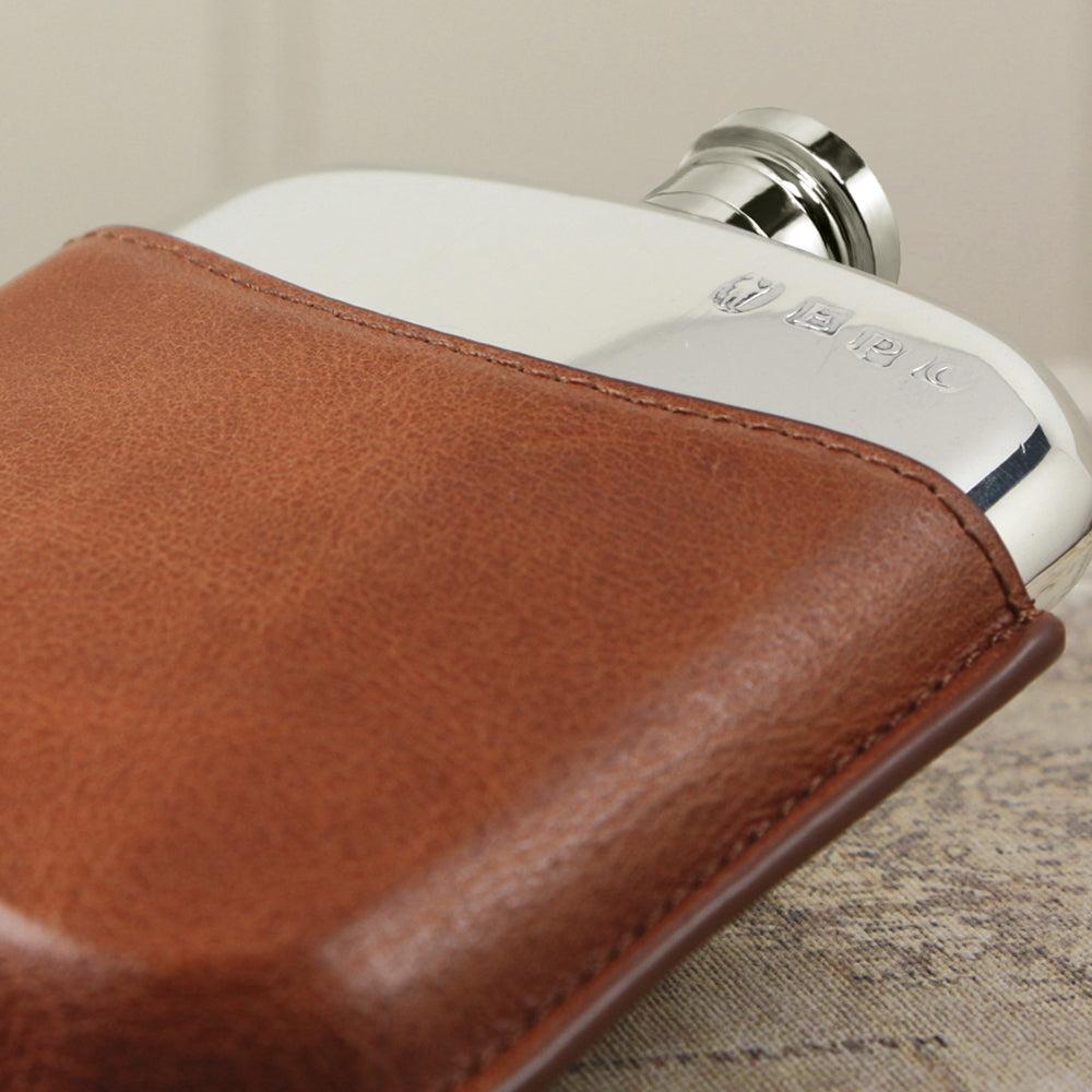 English Factory 6oz Pewter Hip Flask With Genuine Tan Leather Pouch
