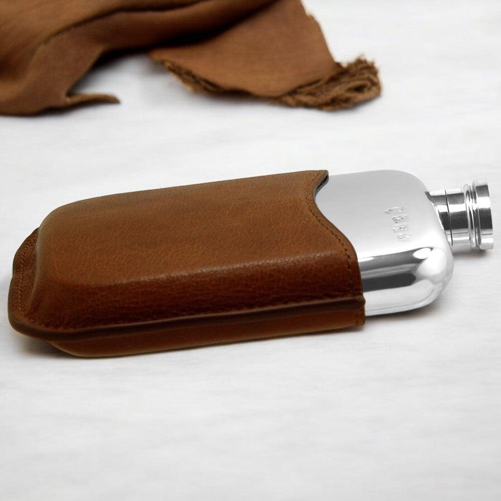 English Factory 6oz Pewter Hip Flask With Genuine Tan Leather Pouch