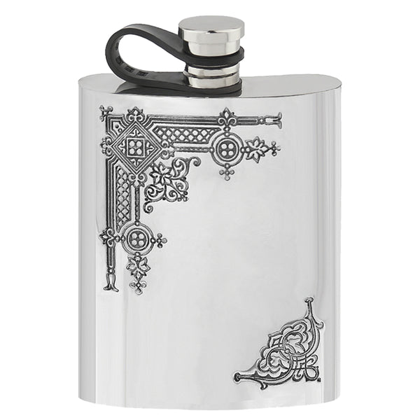 english factory 6oz Pewter Hip Flask with Gothic Design and Flexi Cap