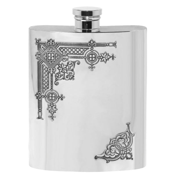 english factory 6oz Pewter Hip Flask with Gothic Styling