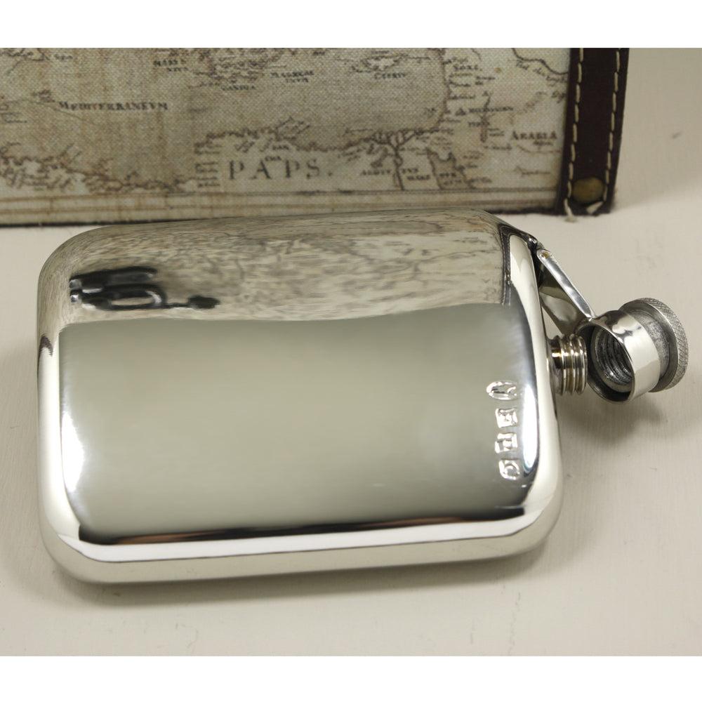 English Factory 6oz Pewter Hip Flask With Hinged Captive Top & Genuine Tan Leather Pouch