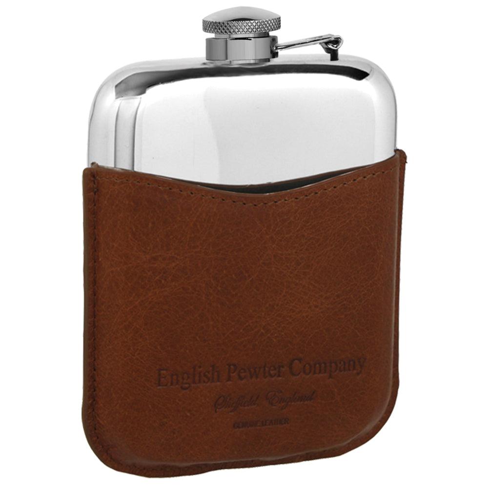 English Factory 6oz Pewter Hip Flask With Hinged Captive Top & Genuine Tan Leather Pouch