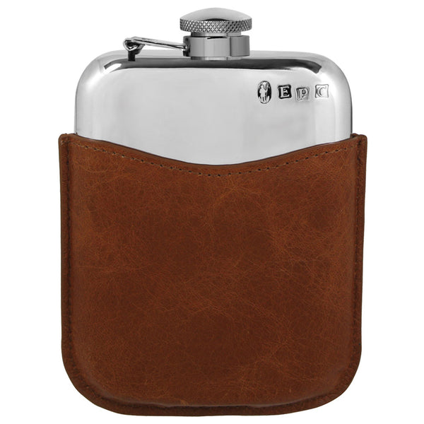 english factory 6oz Pewter Hip Flask with Hinged Captive Top & Genuine Tan Leather Pouch