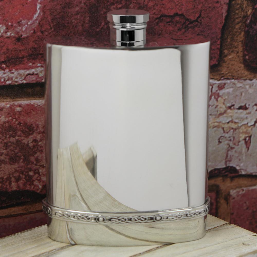 English Factory 6oz Pewter Hip Flask With Intricate Celtic Band