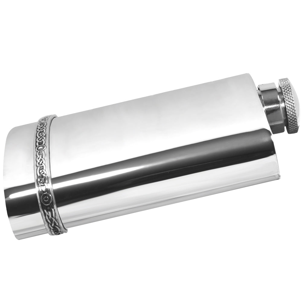 English Factory 6oz Pewter Hip Flask With Intricate Celtic Band And Hinged Captive Top