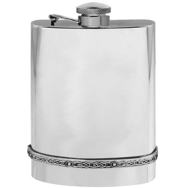 english factory 6oz Pewter Hip Flask with Intricate Celtic Band and Hinged Captive Top