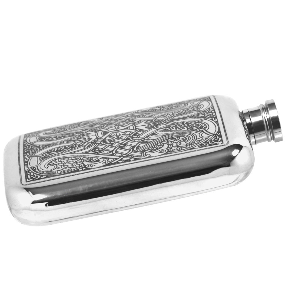 English Factory 6oz Pewter Hip Flask With Intricate Celtic Knot Design