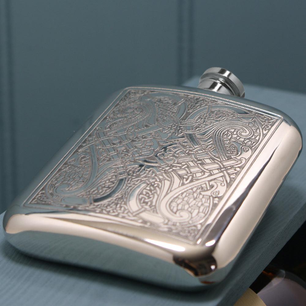English Factory 6oz Pewter Hip Flask With Intricate Celtic Knot Design