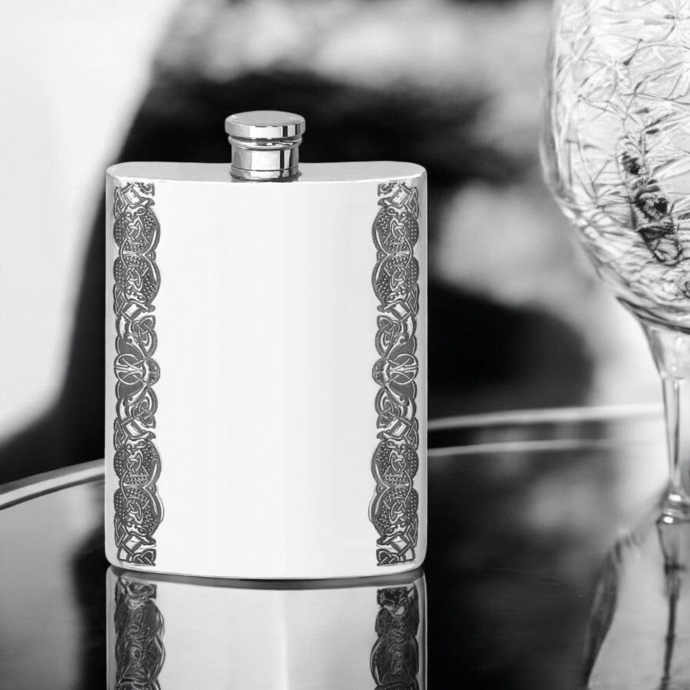 English Factory 6oz Pewter Hip Flask With Linear Celtic Design