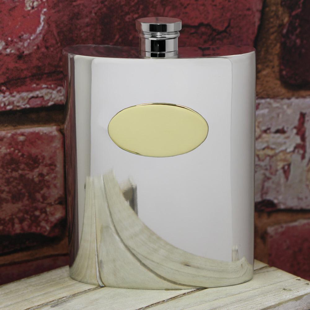 English Factory 6oz Pewter Hip Flask With Oval Brass Plate