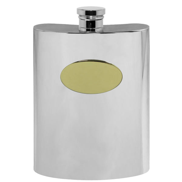 english factory 6oz Pewter Hip Flask with Oval Brass Plate