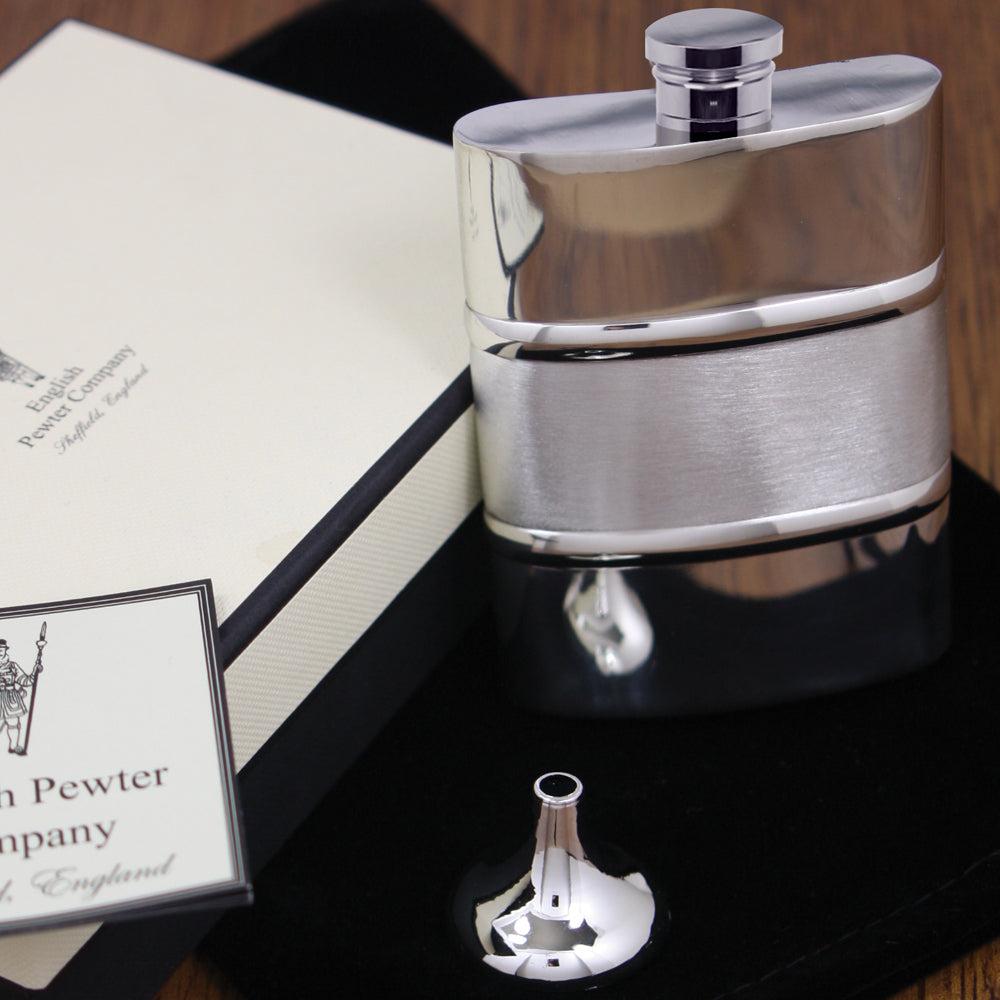 English Factory 6oz Pewter Hip Flask With Satin Centre Band