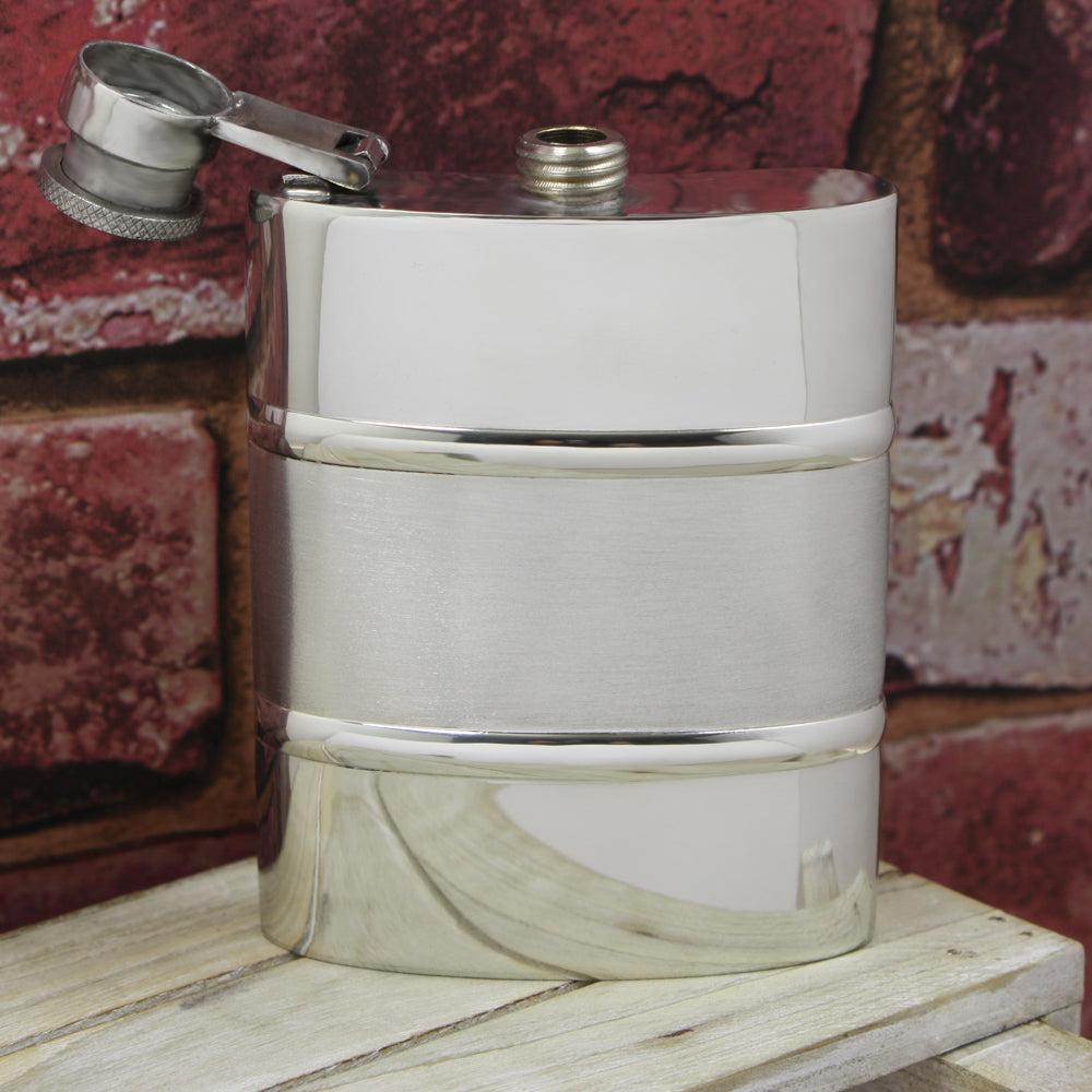 English Factory 6oz Pewter Hip Flask With Satin Centre Band And Hinged Captive Top