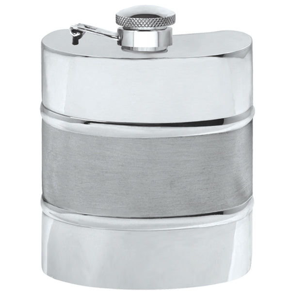 english factory 6oz Pewter Hip Flask With Satin Centre Band and Hinged Captive Top